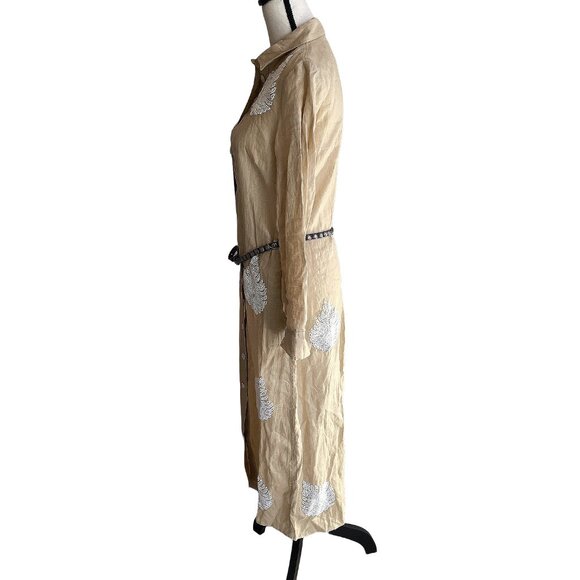 ZARA Tan and White Beaded Linen Collared Maxi Dress Size Small - Picture 6 of 12